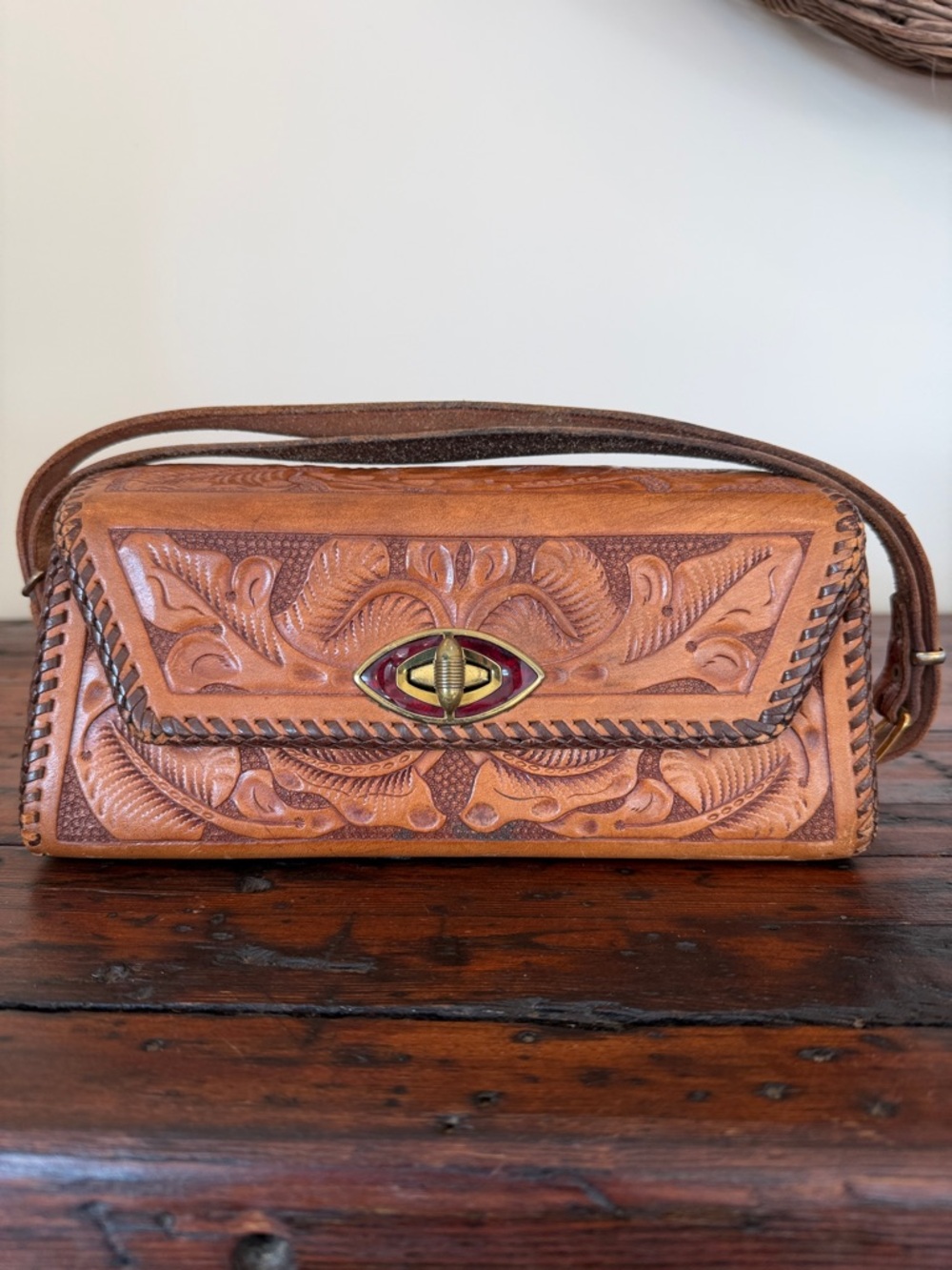 Vintage Hand-Tooled Leather Bag With Adjustable Strap.